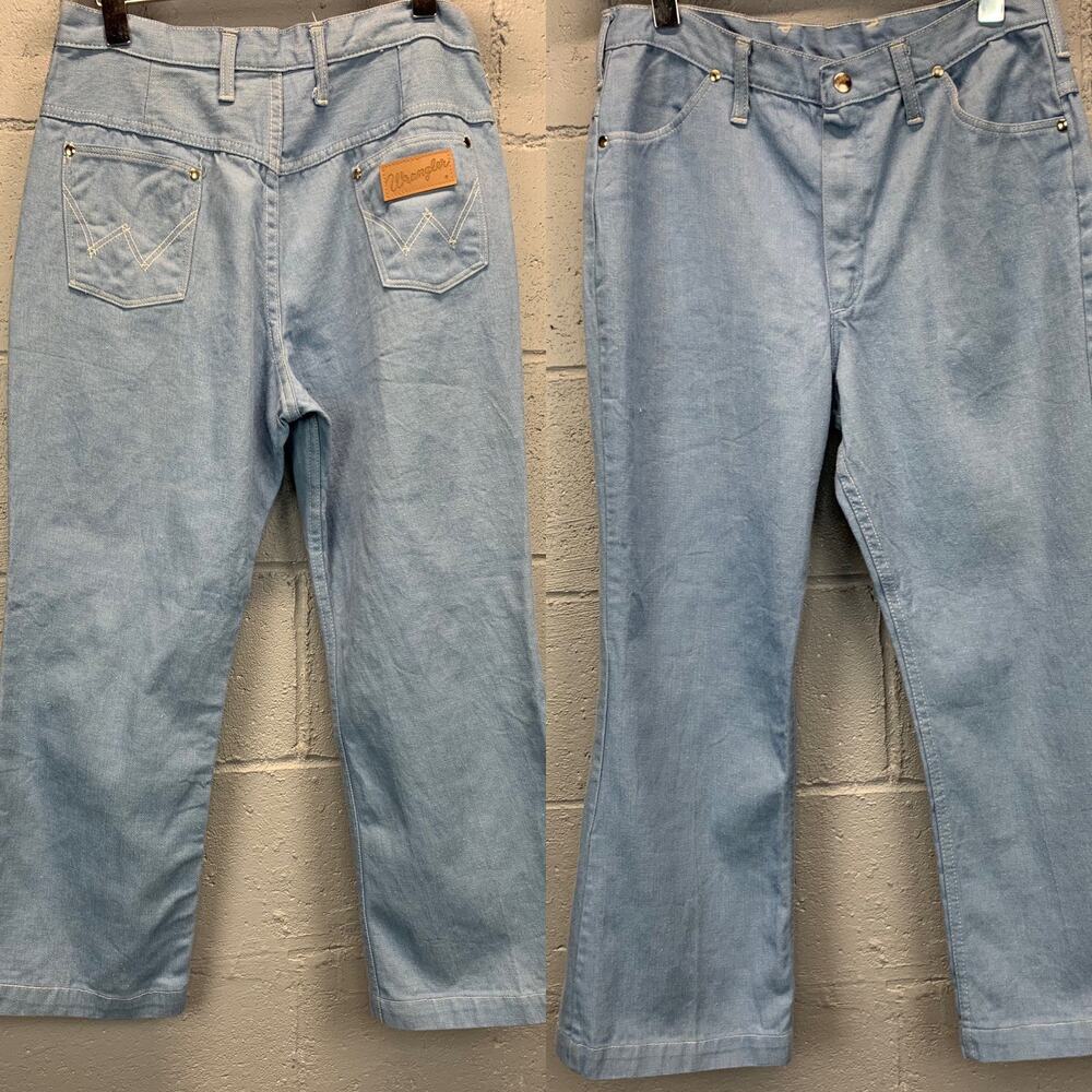 Vtg 70s Wrangler Lightwash Flare Jeans Size 15/16 High Rise Embroidered Pocket